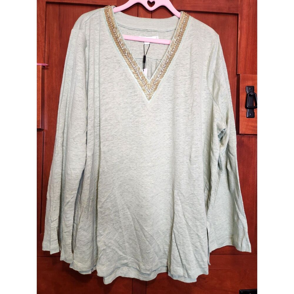 Chico's Mint Green Linen Tunic Top w/ Diamond & Beaded V Neck Size XXL NWT!